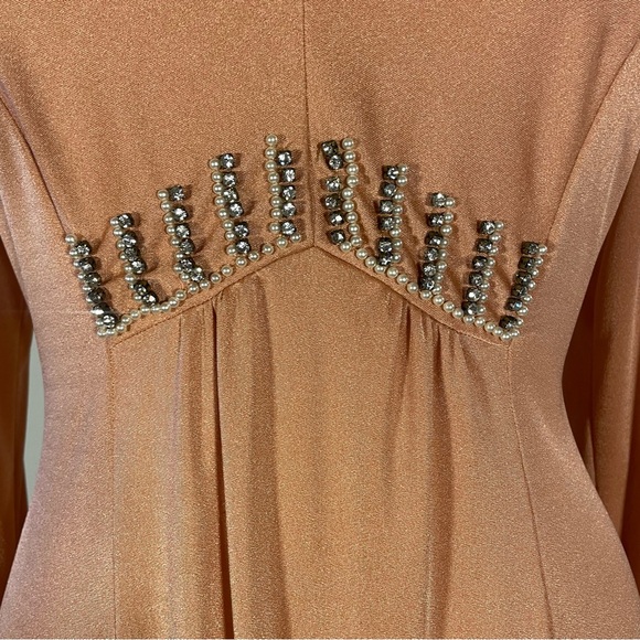 Vintage 70s V-Neck Dress Women’s XL Beaded Long Sleeve‎ Maxi Hippie Glam - Picture 4 of 9